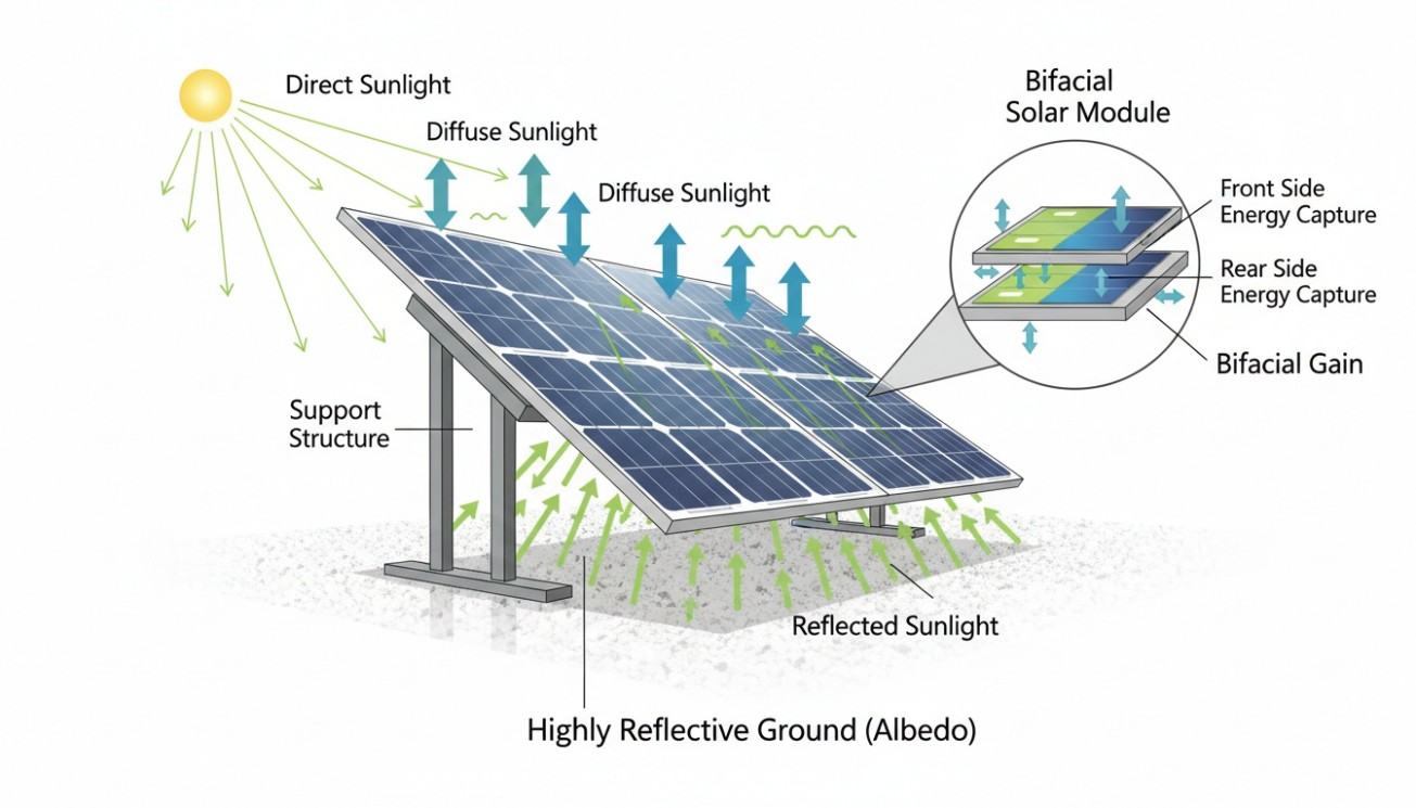 Bifacial solar module diagram showing direct sunlight diffuse sunlight reflected sunlight rear-side energy capture and bifacial gain